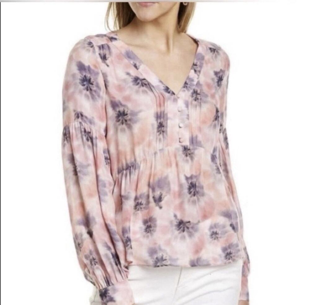 Parker Camilia Silk Blouse Feathered Floral Pink Purple Button Pleated Top XS